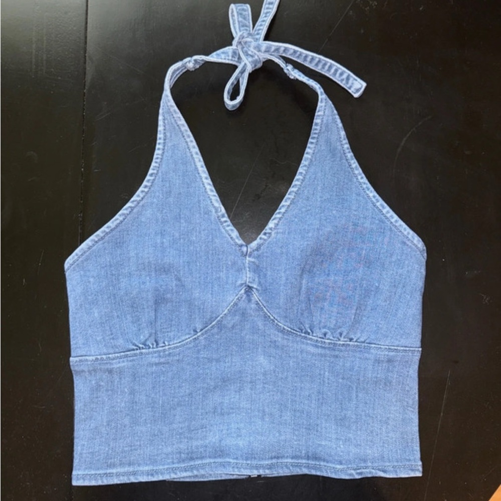 Hollister Light Blue Denim Halter Crop Top